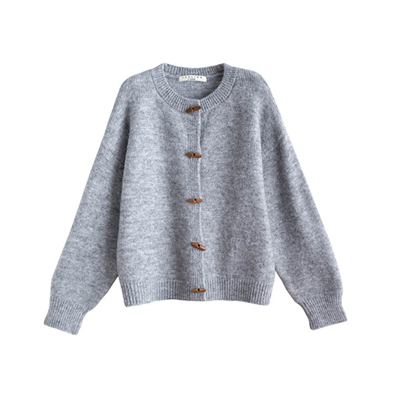 Tonlion Knitwear Women's Light Heather Gray Crew Neck Moderate Cardigan