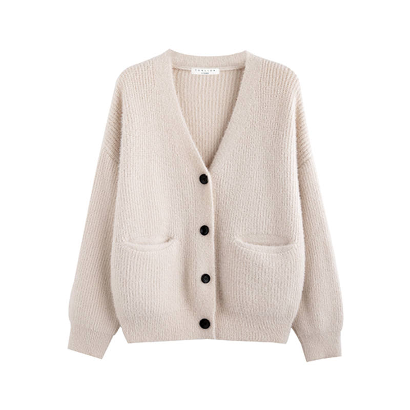 Tonlion Knitwear Women's Beige Apricot V Neck Moderate Cardigan