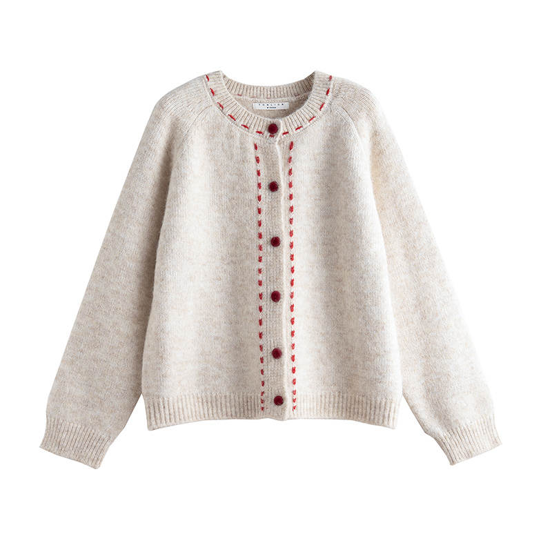Tonlion Knitwear Women's Oat Crew Neck Moderate Cardigan