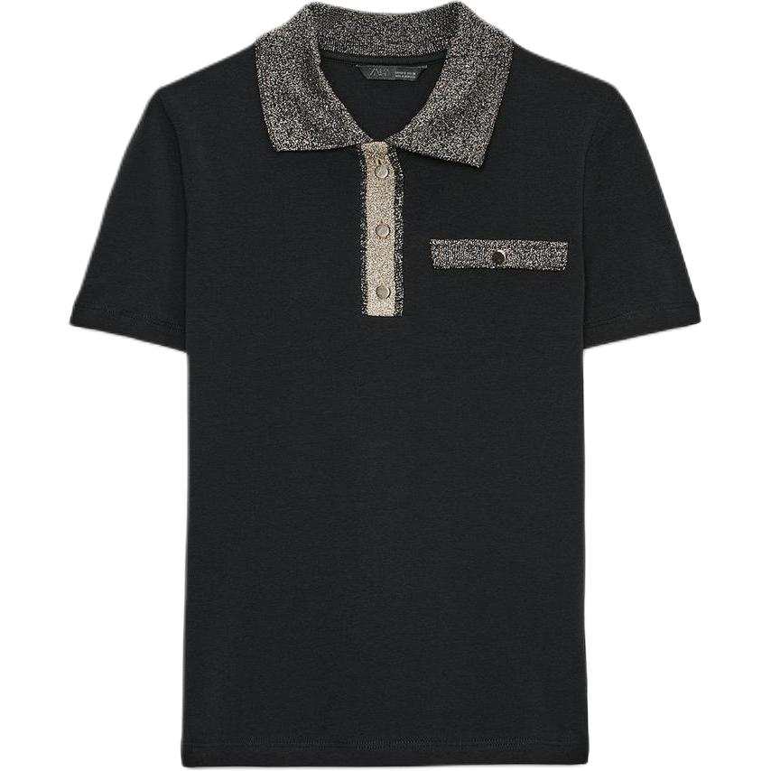 ZARA T Shirts Women's Black Polo Collar Moderate
