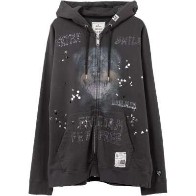 Maison Mihara Yasuhiro Animal Printed Embellished Distressed Zip-Up Hoodie