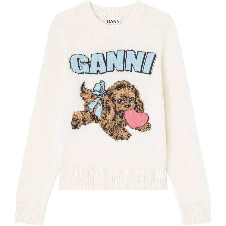 Ganni Puppy logo intarsia sweater