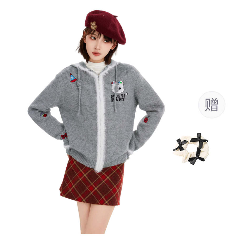 CPAURA Knitwear Women's Gray+Bowknot Hair Tie Comes With Hooded Moderate Cardigan
