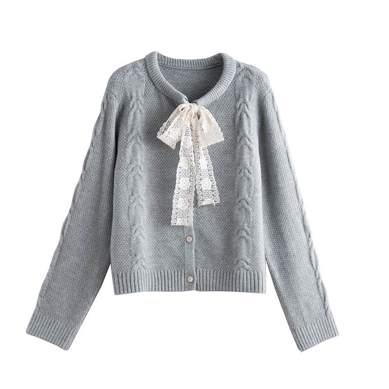 Tonlion Knitwear Women's Light Heather Gray Crew Neck Moderate Cardigan