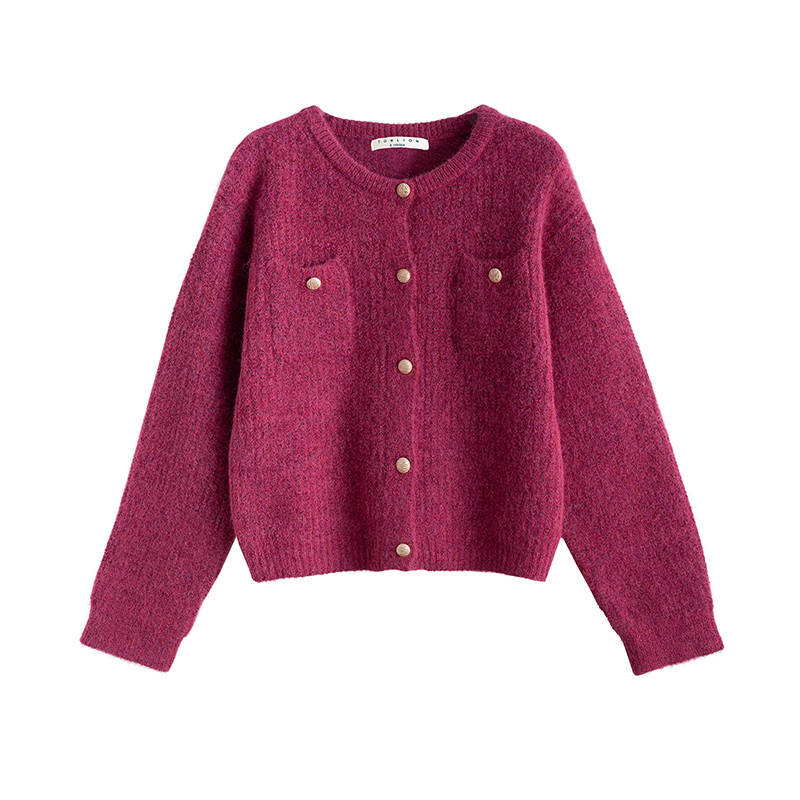 Tonlion Knitwear Women's Rose Red Crew Neck Moderate Cardigan
