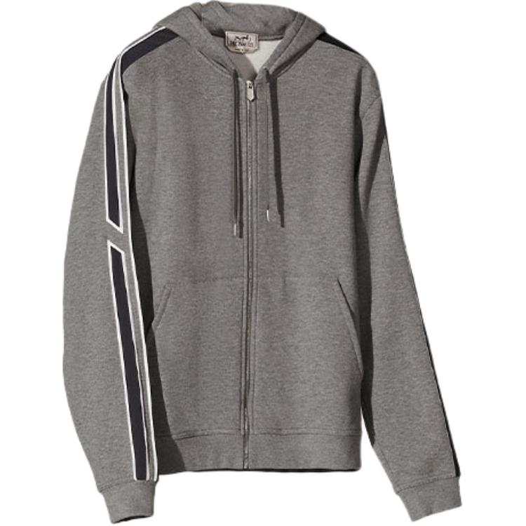 HERMES Sweatshirts Men's Gray Hooded Moderate Cardigan
