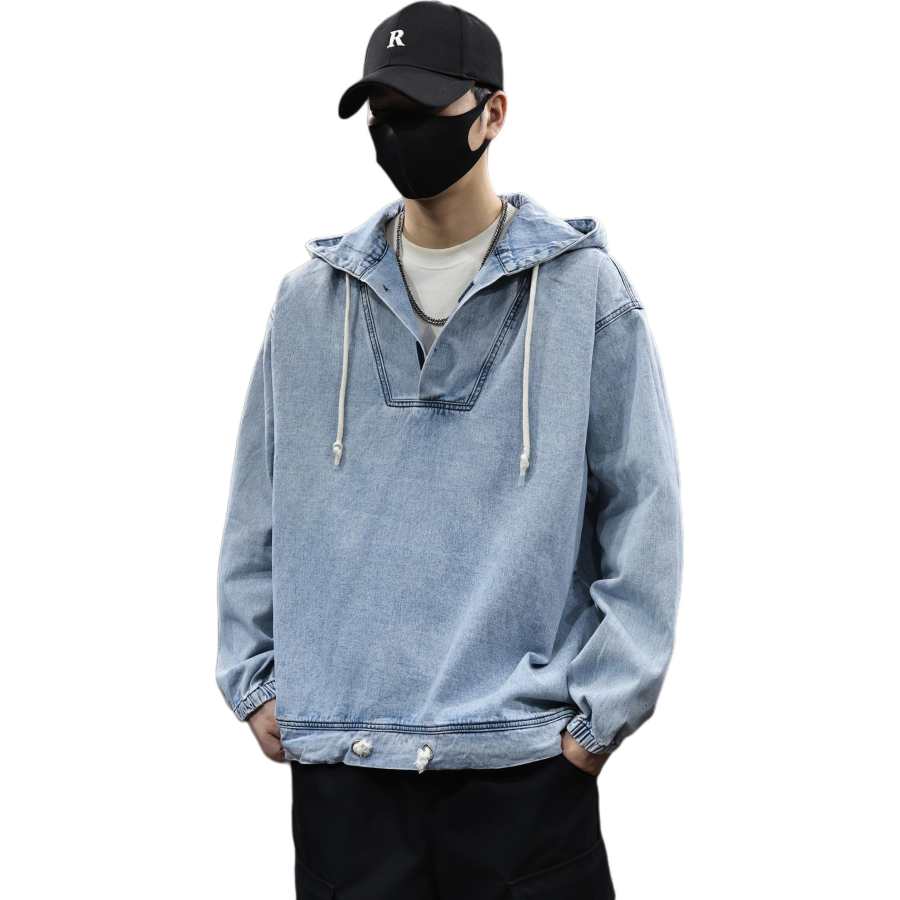 Tonlion Denim Jackets Unisex Moon White Blue Hooded Moderate Straight Fit
