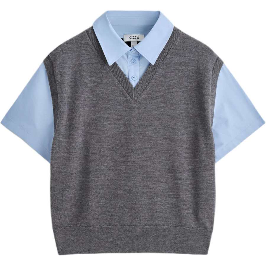 COS T Shirts Women's Gray/Blue Lapel Moderate Mock Two Piece