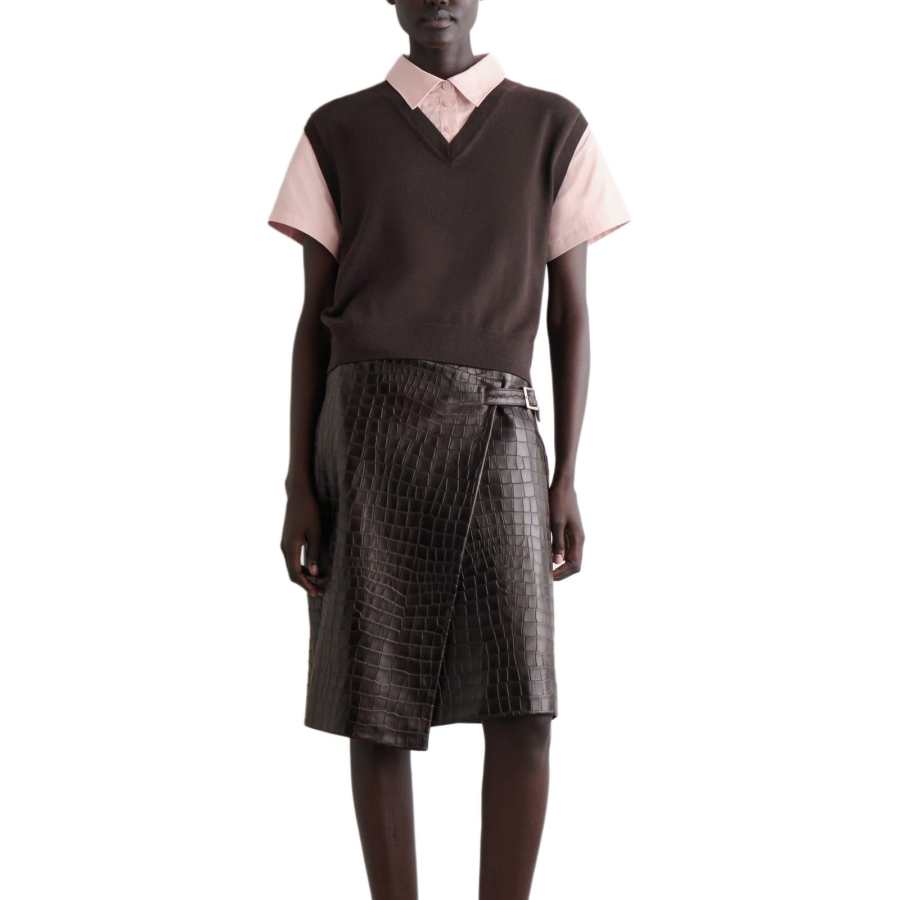 COS T Shirts Women's Dark Brown/Pink Lapel Moderate Mock Two Piece