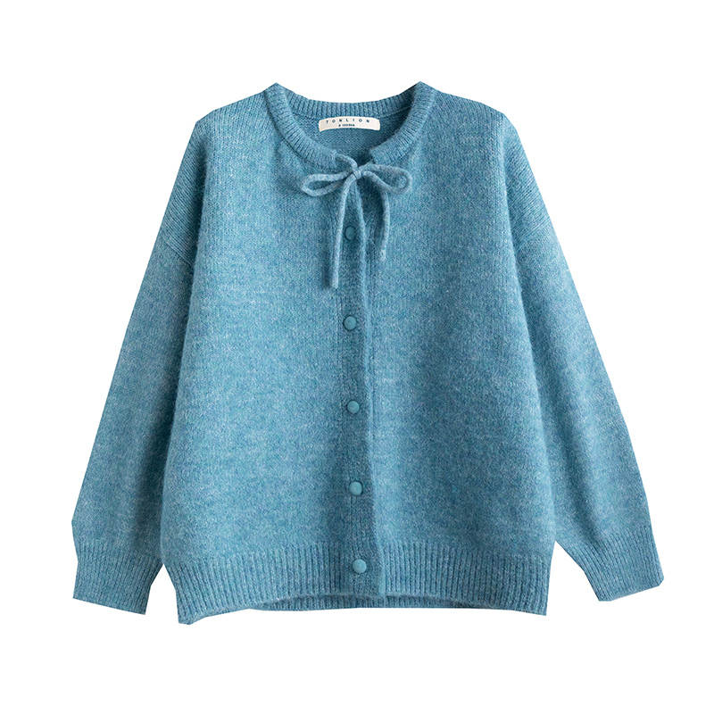 Tonlion Knitwear Women's Light Blue Crew Neck Moderate Cardigan