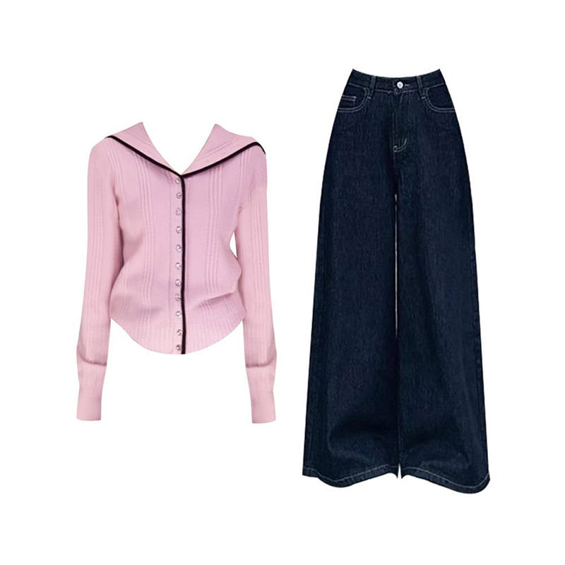 MARIE·COCO Casual Suits Women's Pink Top+Pants Navy Collar Moderate Long