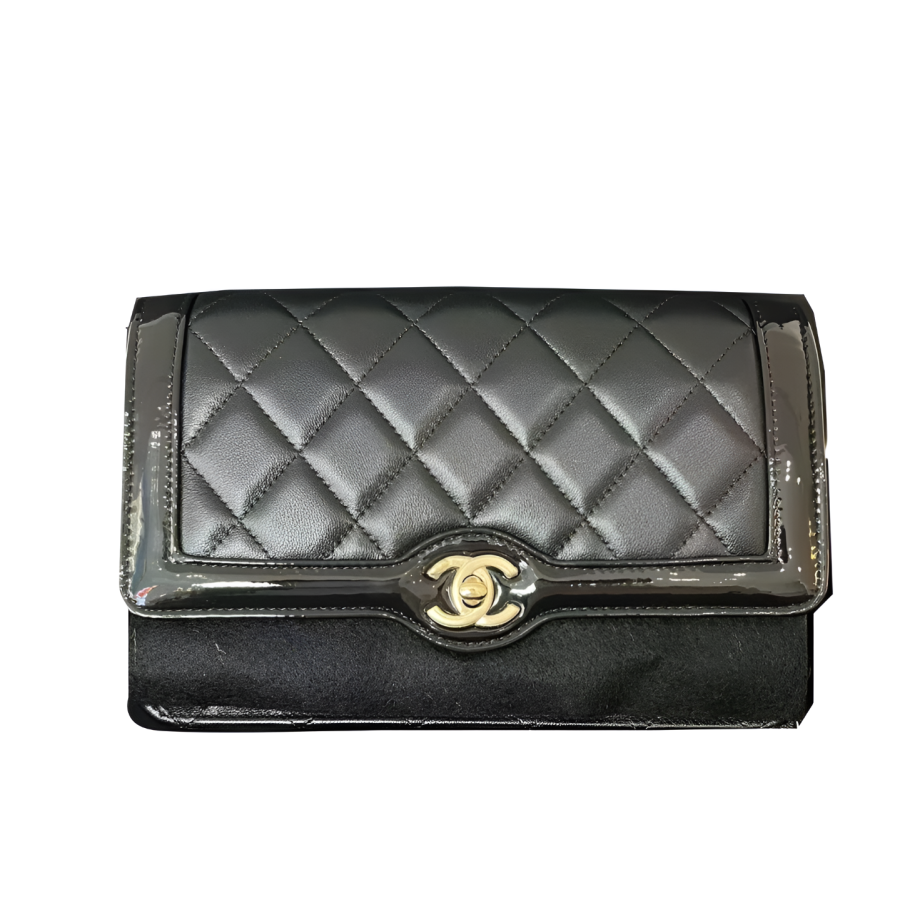 CHANEL WOC Sheepskin With Patent Leather Crossbody Bag, Shoulder Bag Women's Black
