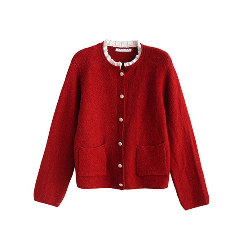 Tonlion Knitwear Women's Dark Red Crew Neck Moderate Cardigan