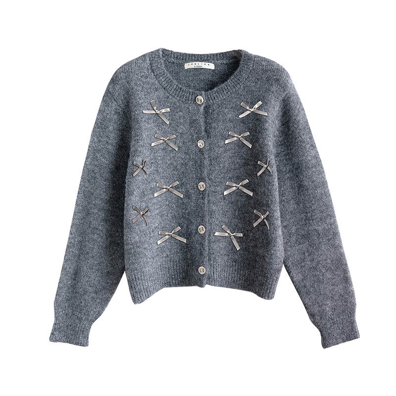 Tonlion Knitwear Women's Medium Heather Gray Crew Neck Moderate Cardigan