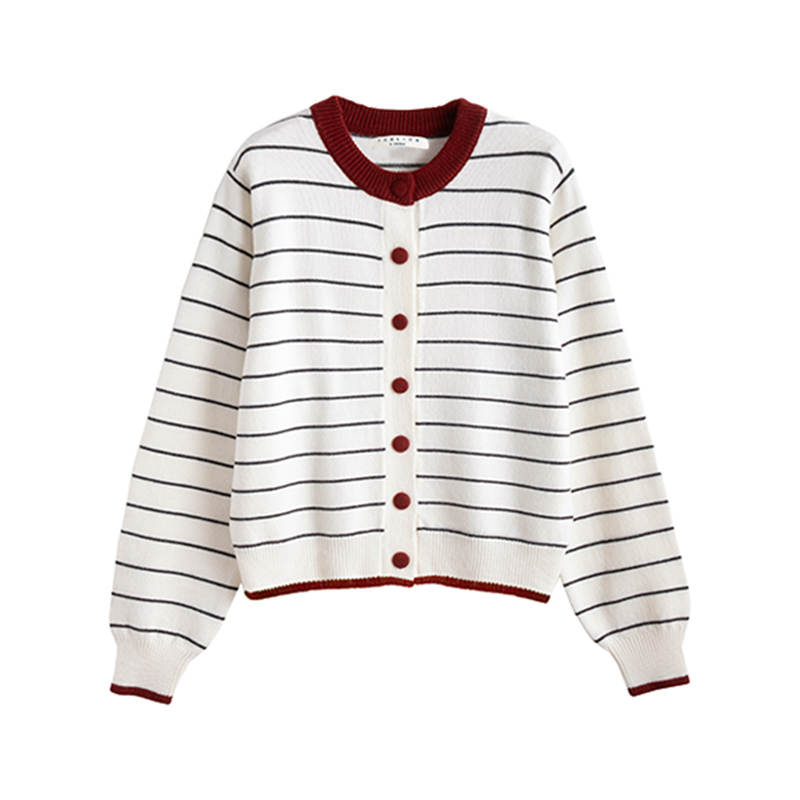 Tonlion Knitwear Women's White Tone Crew Neck Moderate Cardigan