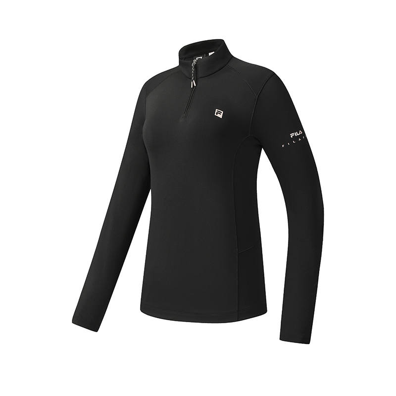 FILA T Shirts Women's Pitch Black Stand Collar Moderate Straight Fit