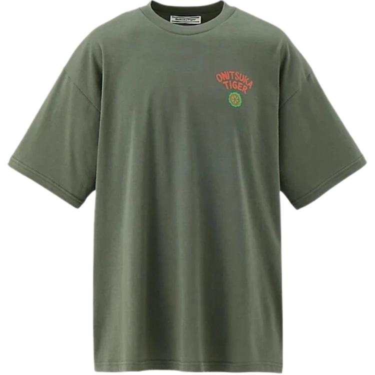 Onitsuka Tiger T Shirts Unisex Khaki Orange Crew Neck