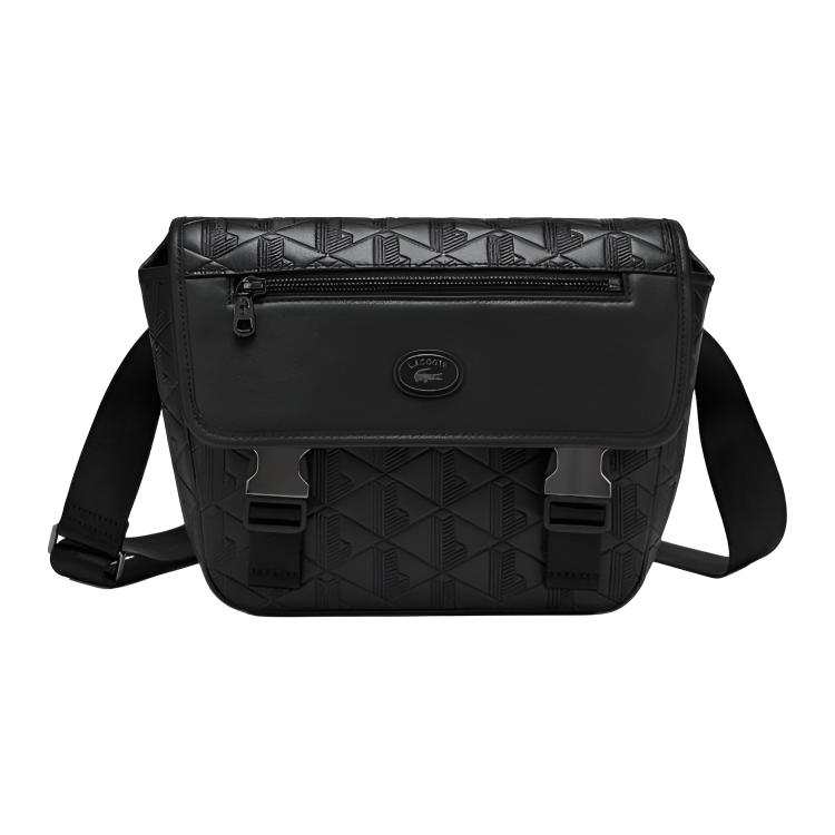 LACOSTE Cow Split Leather Shoulder Bag, Crossbody Bag Regular Men's Black