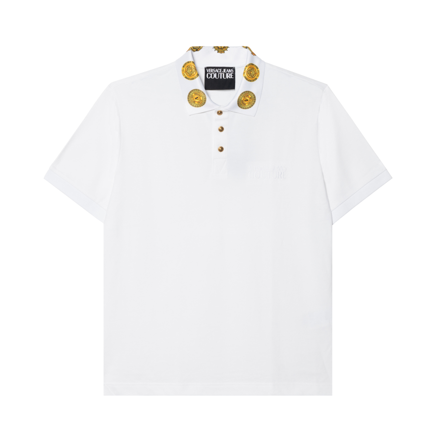 VERSACE JEANS COUTURE Men Logo Printed Collar Short Sleeve Polo Shirt White