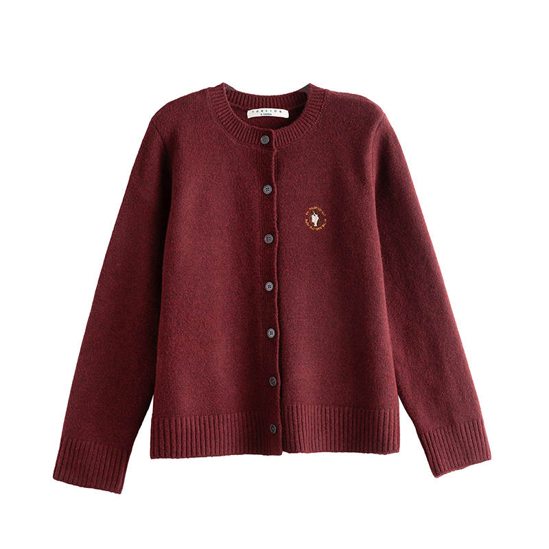 Tonlion Knitwear Women's Dark Red Crew Neck Moderate Cardigan