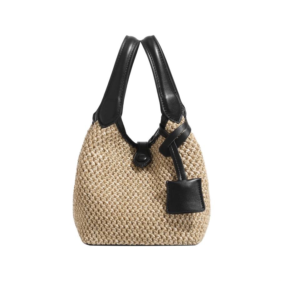 PAYOT Straw Woven With Synthetic Leather Shoulder Bag, Crossbody Bag, Handbag Regular Women's Ecru & Black