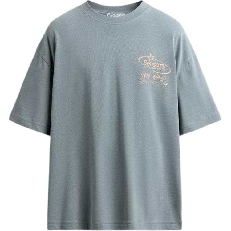 ZARA T Shirts Men's Washed Sky Blue Crew Neck Moderate