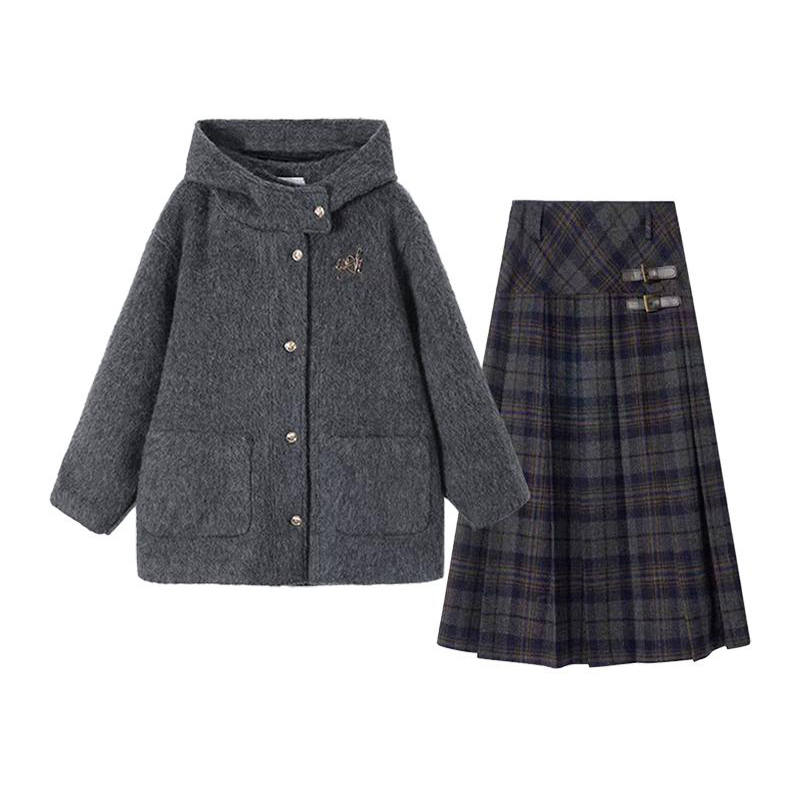 MARIE·COCO Two Piece Skirt Sets Women's Coat+Skirt Hooded Moderate Long