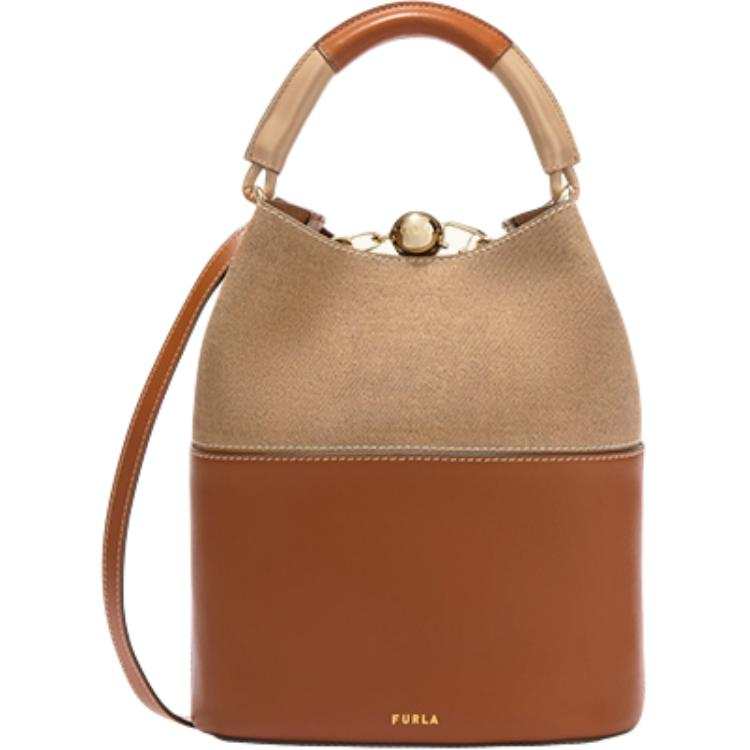 Furla Cow Leather Bucket Bag, One Shoulder Handbag Small Women's Cognac Sand