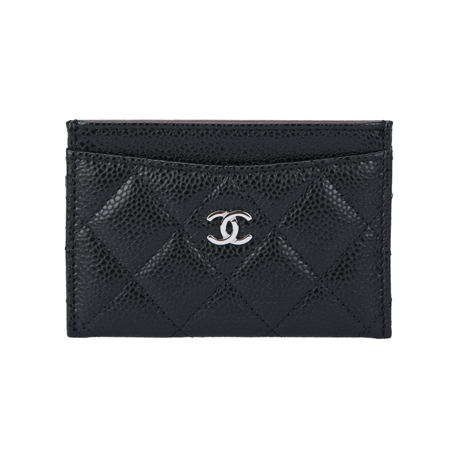 CHANEL Grain Cow Leather Material Silver Metal Card Holder Women's Black