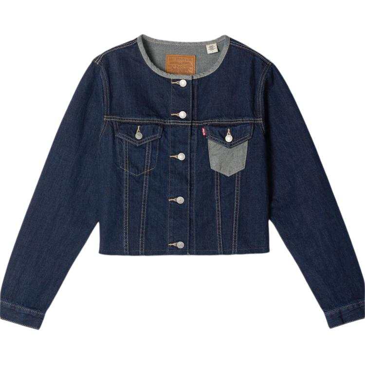 Levis Denim Jackets Women's Dark Blue Crew Neck Moderate Straight Fit