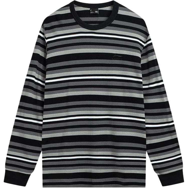 Li-Ning Li Ning T Shirts Men's Black White Stripes Crew Neck Moderate Straight Fit