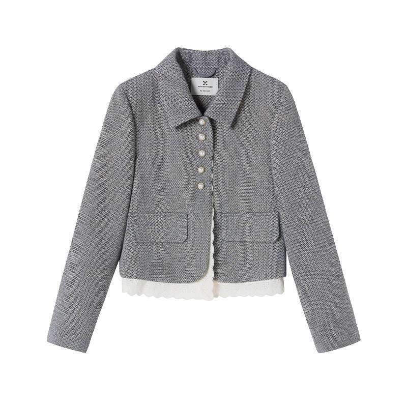 XIANGYING Jackets Women's Dark Gray Lapel Thickened Chanel Inspired