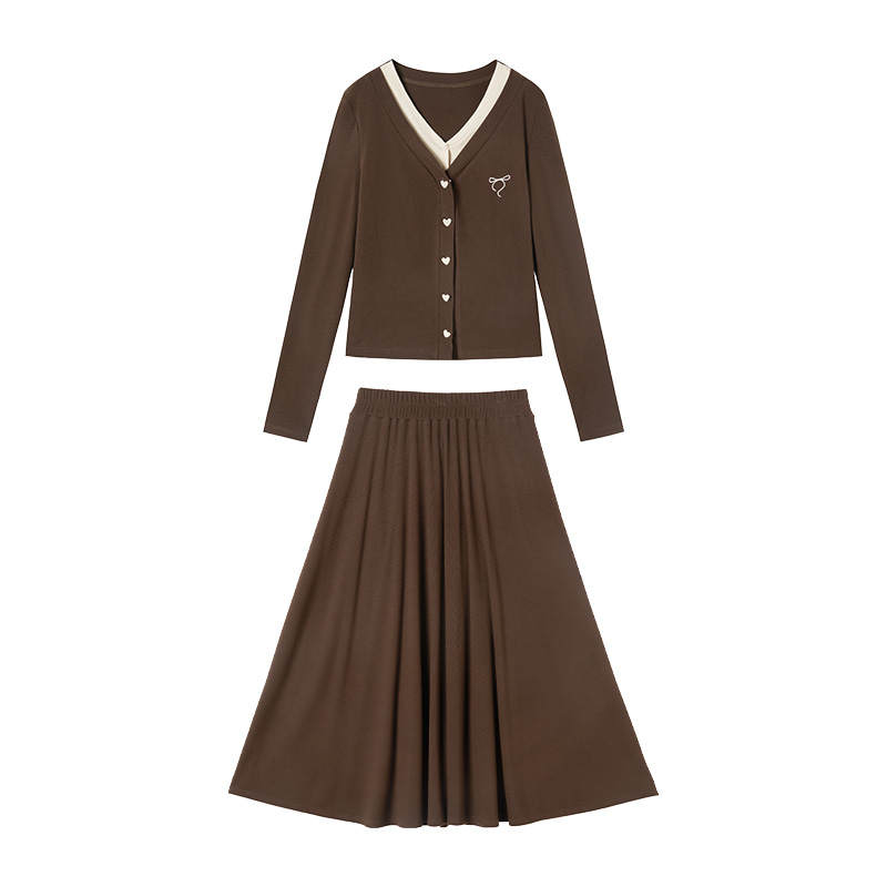 XIANGYING Two Piece Skirt Sets Women's Coffee V Neck Moderate Mid Length