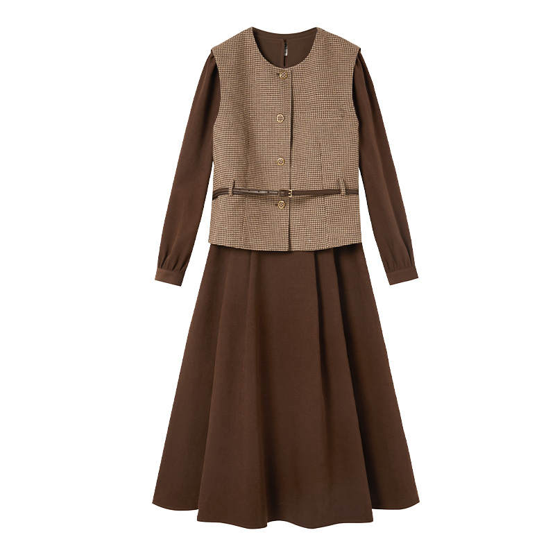 XIANGYING Two Piece Skirt Sets Women's Coffee Crew Neck Moderate Mid Length