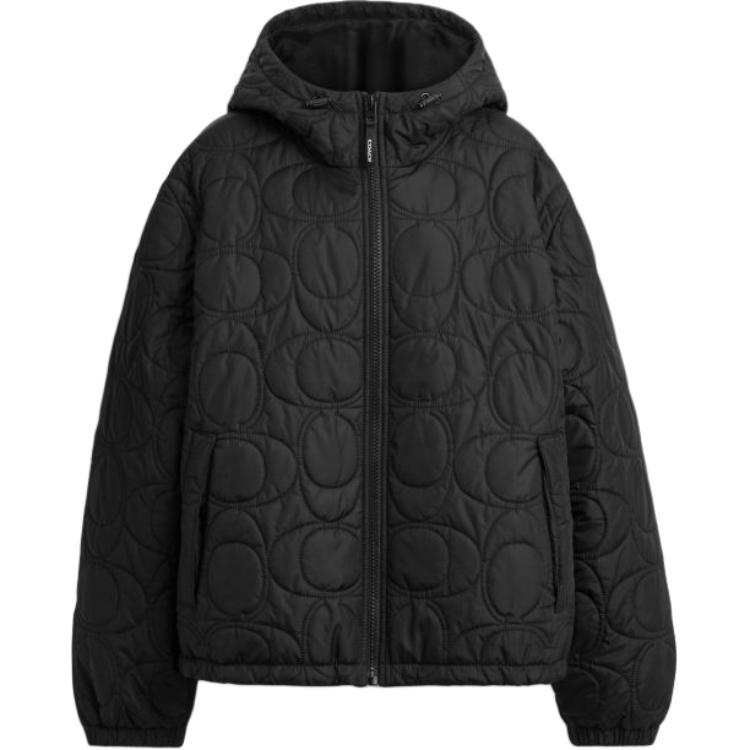 COACH Puffer Jackets Men's Black Hooded Non Detachable Moderate