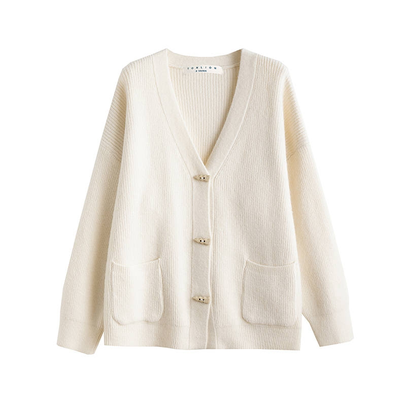 Tonlion Knitwear Women's Beige Apricot V Neck Moderate