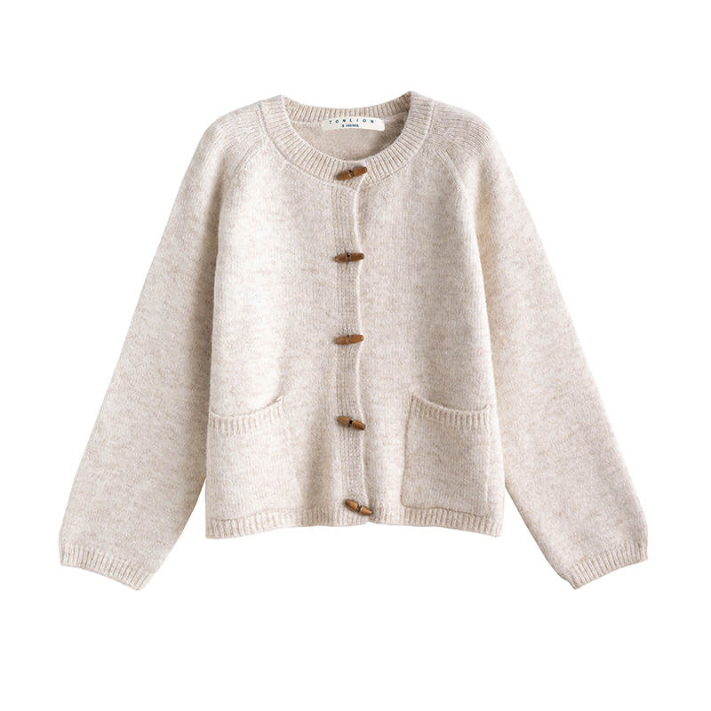 Tonlion Knitwear Women's Beige Apricot Crew Neck Moderate Cardigan