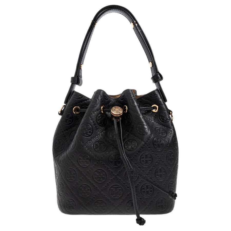 TORY BURCH T Monogram Cow Leather Bucket Bag Handbag Small Women's Black