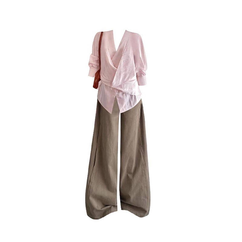 MARIE·COCO Casual Suits Women's Pink Top+Pants V Neck Moderate Long