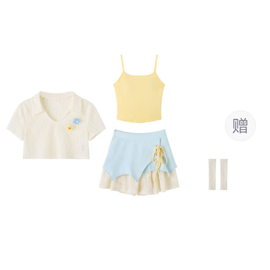 FABRIC PIG Two Piece Skirt Sets Women's Yellow Top+Camisole+Short Skirt Crew Neck Moderate