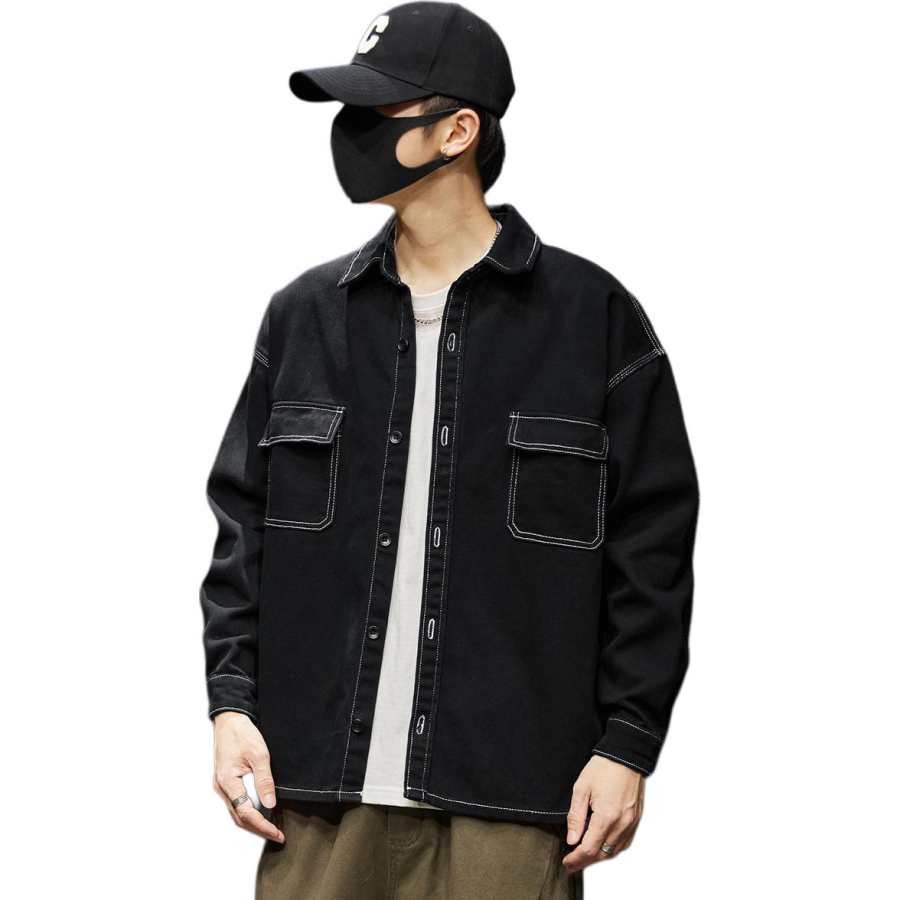 Tonlion Denim Jackets Unisex Black Lapel Moderate Straight Fit
