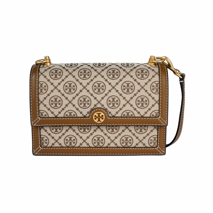 TORY BURCH T Monogram Woven Jacquard With Leather Trim Shoulder Bag, Crossbody Bag Small Women's Hazelnuts Brown
