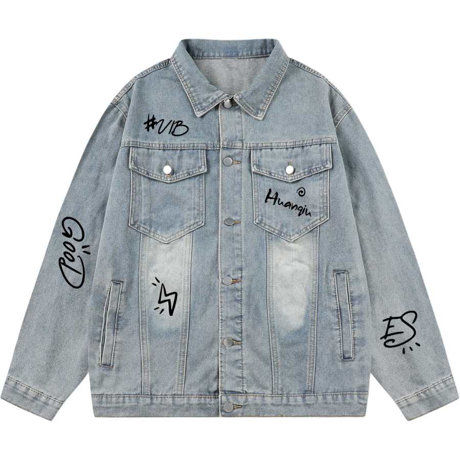 HUANQIU Denim Jackets Unisex Lapel Moderate Print