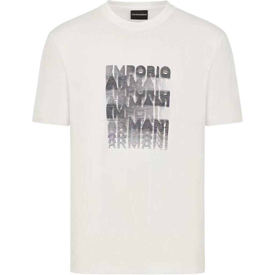 EMPORIO ARMANI Logo Letter Overlapping Print Crew Neck Pullover Short Sleeved SS23 T Shirt Men's White