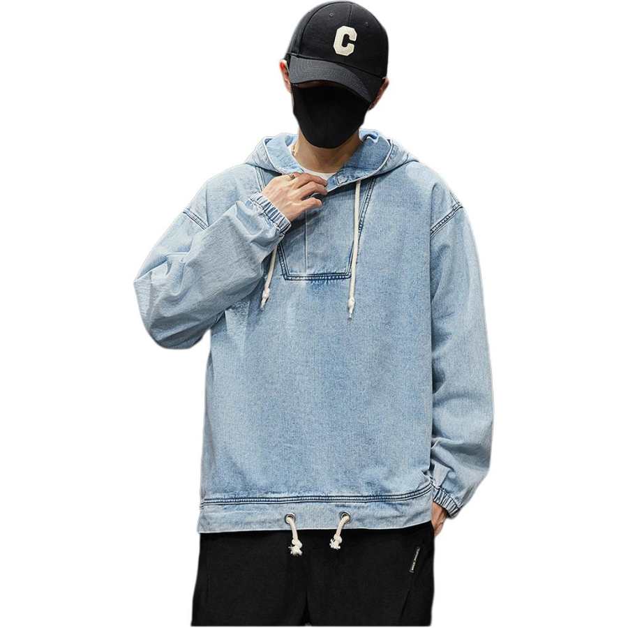 Tonlion Denim Jackets Unisex Moon White Blue Hooded Moderate Straight Fit