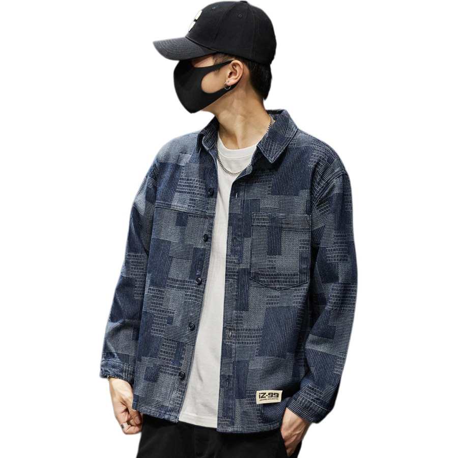 Tonlion Tonlion Denim Jackets Unisex Blue Lapel Moderate Patchwork