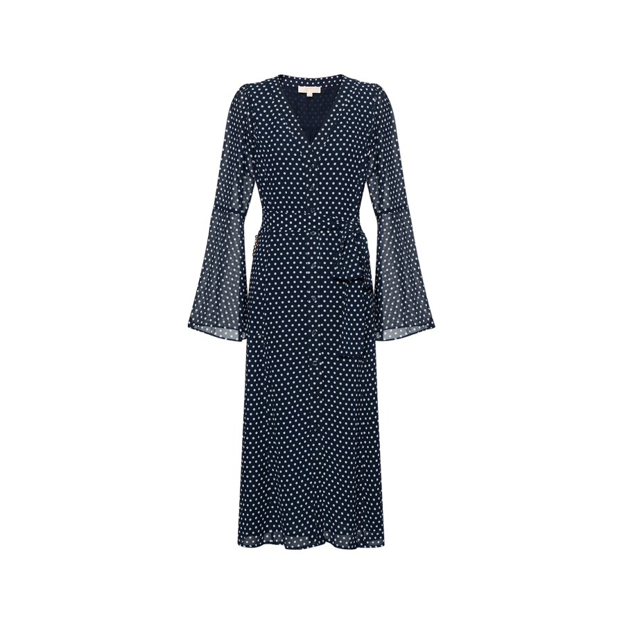 MICHAEL KORS Polka Dot Georgette Tie-Neck Midi Dress