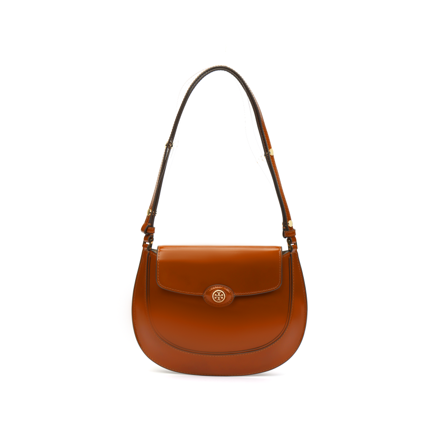TORY BURCH Robinson Spazzolato Small Flip Bag Dark Sienna