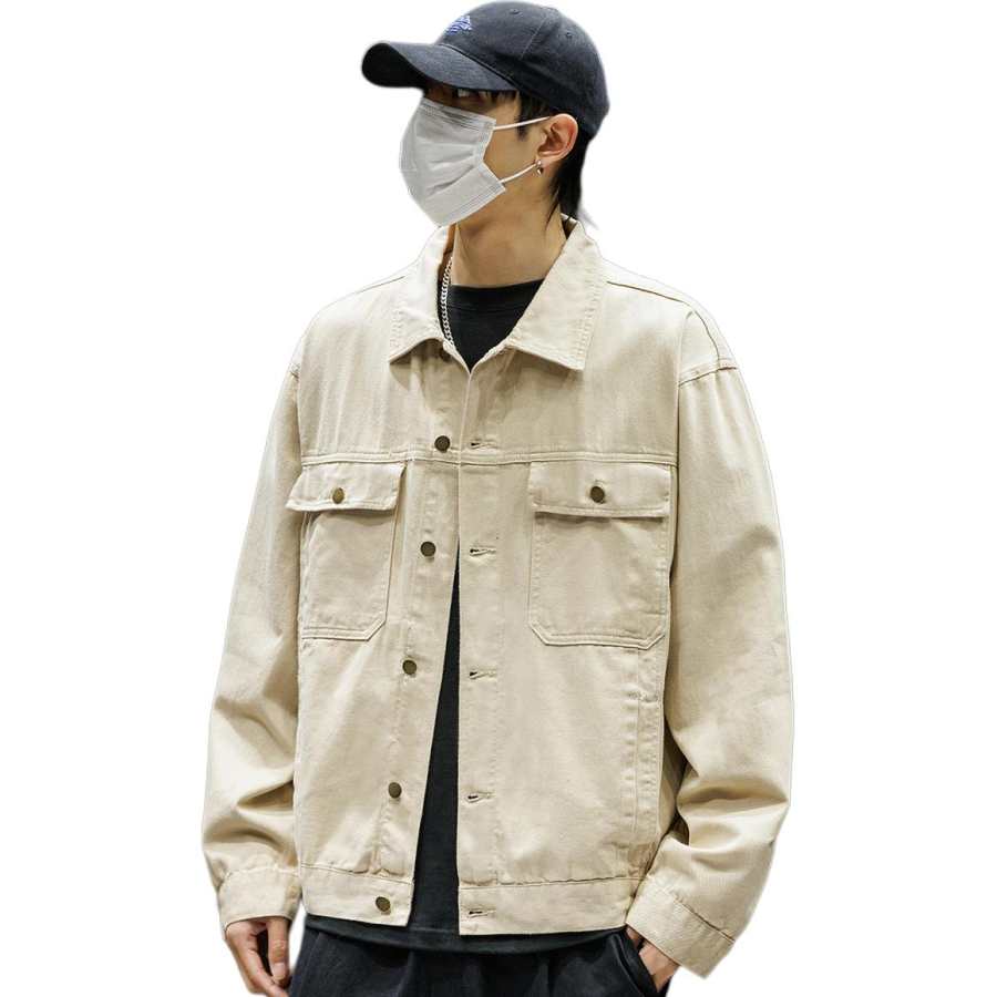 Tonlion Denim Jackets Unisex Khaki Lapel Moderate Straight Fit