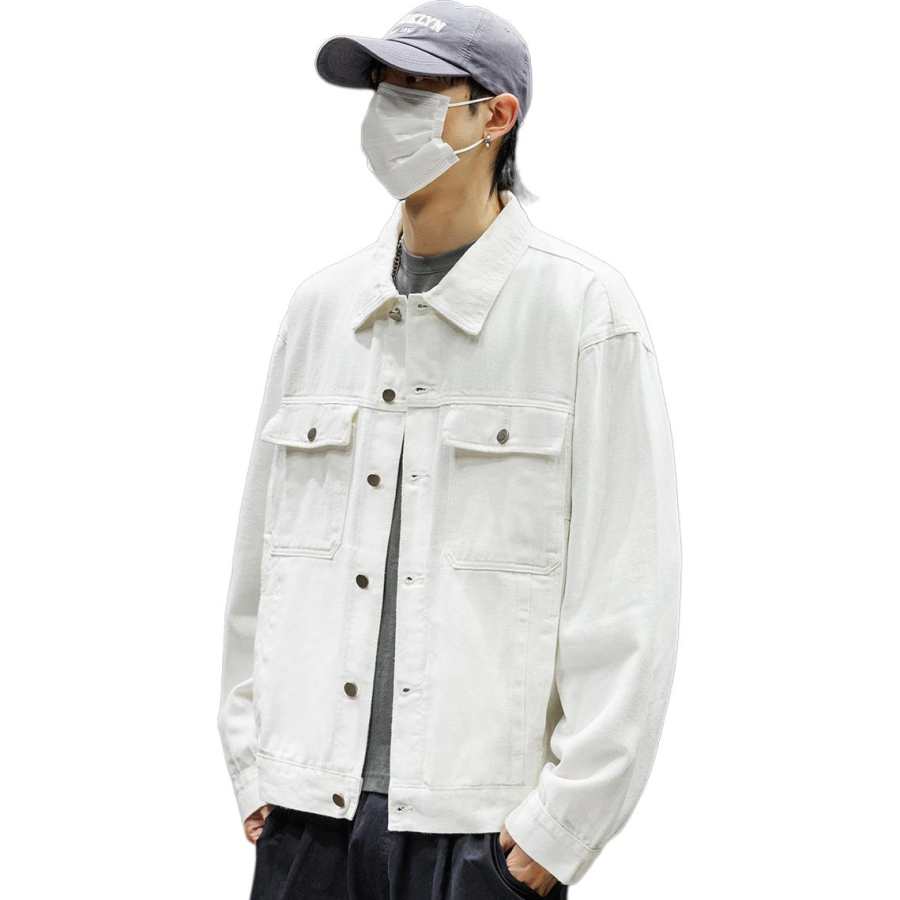Tonlion Denim Jackets Unisex White Lapel Moderate Straight Fit